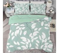 Qiwagu Light Green Duvet Double, Coverless Duvet 7.5 Tog with Plant Leaf Pattern, Soft Lightweight Comforter Set for Autumn Summer, 1 Quilt Double 200x200cm with 2 Pillowcases, Machine Washable