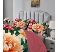 Qiwagu Orange Flowers Duvet Super King Size, Coverless Duvet 7.5 Tog with Green Plants Pattern, Soft Lightweight Comforter Set for Autumn Summer, 1 Superking Quilt 260x220cm with 2 Pillowcases, E121