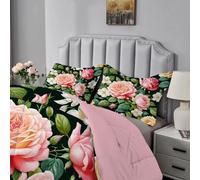 Qiwagu Pink Flowers Duvet Super King Size, Coverless Duvet 7.5 Tog with Green Plants Pattern, Soft Lightweight Comforter Set for Autumn Summer, 1 Superking Quilt 260x220cm with 2 Pillowcases, E47