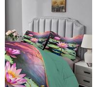 Qiwagu Pink Flowers Duvet Super King Size, Coverless Duvet 7.5 Tog with Green Plants Pattern, Soft Lightweight Comforter Set for Autumn Summer, 1 Superking Quilt 260x220cm with 2 Pillowcases, E353