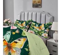 Qiwagu Pink Flowers Duvet Super King Size, Coverless Duvet 7.5 Tog with Green Plants Pattern, Soft Lightweight Comforter Set for Autumn Summer, 1 Superking Quilt 260x220cm with 2 Pillowcases, E108