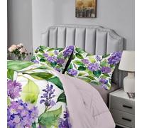 Qiwagu Purple Flowers Duvet Super King Size, Coverless Duvet 7.5 Tog with Green Leaves Pattern, Soft Lightweight Comforter Set for Autumn Summer, 1 Superking Quilt 260x220cm with 2 Pillowcases, E79