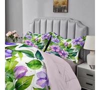 Qiwagu Purple Flowers Duvet Super King Size, Coverless Duvet 7.5 Tog with Green Leaves Pattern, Soft Lightweight Comforter Set for Autumn Summer, 1 Superking Quilt 260x220cm with 2 Pillowcases, E84