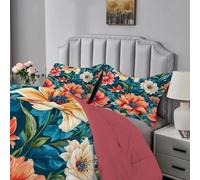 Qiwagu Red Flowers Duvet Super King Size, Coverless Duvet 7.5 Tog with Blue Leaves Pattern, Soft Lightweight Comforter Set for Autumn Summer, 1 Superking Quilt 260x220cm with 2 Pillowcases, E91