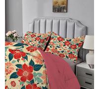 Qiwagu Red Flowers Duvet Super King Size, Coverless Duvet 7.5 Tog with Green Leaves Pattern, Soft Lightweight Comforter Set for Autumn Summer, 1 Superking Quilt 260x220cm with 2 Pillowcases, E101