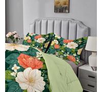 Qiwagu Red Flowers Duvet Super King Size, Coverless Duvet 7.5 Tog with Green Plants Pattern, Soft Lightweight Comforter Set for Autumn Summer, 1 Superking Quilt 260x220cm with 2 Pillowcases, E72