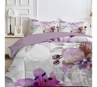 Qiwagu White Double Duvet, Double Quilt 7.5 Tog for Summer & Autumn, Reversible Coverless Duvet with Purple Flowers Pattern, Lightweight Soft Comforter with 2 Pillowcases, 200x200cm, Machine Washable