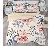 Qiwagu White Duvet Double, Coverless Duvet 4.5 Tog with Flower Plants Pattern, Soft Lightweight Comforter Set for Autumn Summer, 1 Quilt Double 200x200cm with 2 Pillowcases, Machine Washable, C45