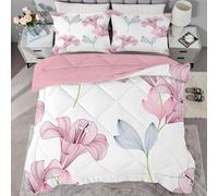 Qiwagu White Duvet Double, Coverless Duvet 4.5 Tog with Pink Flowers Pattern, Soft Lightweight Comforter Set for Autumn Summer, 1 Quilt Double 200x200cm with 2 Pillowcases, Machine Washable, C43