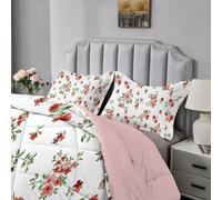 Qiwagu White Duvet King Size, Coverless Duvet 7.5 Tog with Pink Floral Pattern, Soft Lightweight Comforter Set for Autumn Summer, 1 Quilt King Size 230x220cm with 2 Pillowcases, Machine Washable