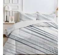Qiwagu White King Size Duvet, Kingsize Quilt 4.5 Tog for Spring & Summer, Coverless Duvet with Grey Stripe Pattern, Lightweight Soft Comforter with 2 Pillowcases, 230x220cm, Machine Washable, C441