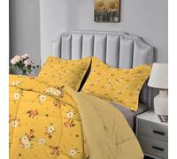 Qiwagu Yellow Duvet King Size, Coverless Duvet 7.5 Tog with Red Floral Pattern, Soft Lightweight Comforter Set for Autumn Summer, 1 Quilt King Size 230x220cm with 2 Pillowcases, Machine Washable