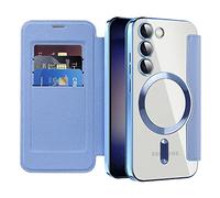 QIWEIQING Case for Samsung Galaxy S22, Flip Wallet Leather Case Card Slots RFID Blocking [Compatible with MagSafe] Clear Magnetic Shockproof Cover for Samsung Galaxy S22. Far Peak Blue JDC