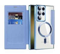 QIWEIQING Case for Samsung Galaxy S22 Ultra, Flip Wallet Leather Case Card Slots RFID Blocking [Compatible with MagSafe] Clear Magnetic Shockproof Cover for Samsung S22 Ultra. Far Peak Blue JDC