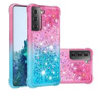 QIWEIQING Compatible for Glitter Liquid Case for Samsung Galaxy S21 Ultra, Sparkle Sequin Floating Quicksand Solid Love TPU Shockproof Protective Cover for Galaxy S21 Ultra.Pink Blue YBJ