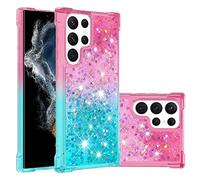 QIWEIQING Compatible for Glitter Liquid Case for Samsung Galaxy S22 Ultra, Sparkle Sequin Floating Quicksand Solid Love TPU Shockproof Protective Cover for Galaxy S22 Ultra.Pink Blue YBJ