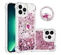 QIWEIQING Compatible with Glitter Liquid Case for iPhone 16, Sparkle Sequin Floating Quicksand Solid Love TPU Shockproof Protective Cover for iPhone 16. Rose Gold YBH