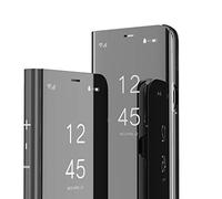 QIWEIQING Compatible with Samsung Galaxy S25 Ultra Shell Case Makeup Cover Clear Bright Folding Kickstand Protective Standing Flip Mirror PU Cover for Samsung S25 Ultra Case. Mirror Black QH
