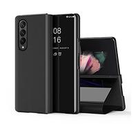QIWEIQING Compatible with Samsung Galaxy Z Fold 3 Shell Case Makeup Cover Clear Bright Folding Kickstand Protective Standing Flip Mirror PU Cover for Galaxy Z Fold 3 Case. Mirror Black QH