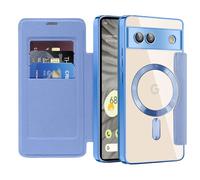 QIWEIQING Magnetic Case for Google Pixel 7A, [Compatible with MagSafe] Flip Leather Card Holder with RFID Blocking Clear Shockproof Phone Cover for Google Pixel 7A. Far Peak Blue JDC