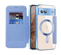 QIWEIQING Magnetic Case for Google Pixel 8A, [Compatible with MagSafe] Flip Leather Card Holder with RFID Blocking Clear Shockproof Phone Cover for Google Pixel 8A. Far Peak Blue JDC