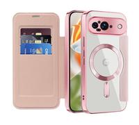 QIWEIQING Magnetic Case for Google Pixel 9, Compatible with MagSafe, PU Leather Wallet Cover with RFID Blocking Credit Card Holder, Transparent Case for Google Pixel 9. Rose Gold JDC