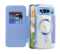 QIWEIQING Magnetic Case for Google Pixel 9 Pro, [Compatible with MagSafe] Flip Leather Card Holder with RFID Blocking Clear Shockproof Phone Cover for Google Pixel 9 Pro. Far Peak Blue JDC