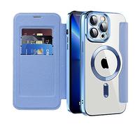 QIWEIQING Magnetic Case for iPhone 13 Pro Max Compatible with MagSafe Premium Flip Leather Card Holder with RFID Blocking Clear Shockproof Phone Case Cover for iPhone 13 Pro Max. Far Peak Blue JDC