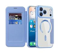 QIWEIQING Magnetic Case for iPhone 17 Pro Max Compatible with MagSafe Flip Leather Card Holder with RFID Blocking Clear Shockproof Phone Cover for iPhone 17 Pro Max 6.9". Far Peak Blue JDC
