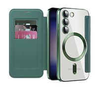 QIWEIQING Magnetic Case for Samsung Galaxy S23 Compatible with MagSafe, Premium Flip Leather Card Slots with RFID Blocking Clear Shockproof Protective Cover for Samsung Galaxy S23. Green JDC