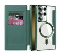 QIWEIQING Magnetic Case for Samsung Galaxy S23 Ultra Compatible with MagSafe, Premium Flip Leather Card Slots with RFID Blocking Clear Shockproof Protective Cover for Galaxy S23 Ultra. Green JDC