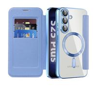 QIWEIQING Magnetic Case for Samsung Galaxy S25 FE Compatible with MagSafe Flip Leather Card Holder with RFID Blocking Clear Shockproof Phone Cover for Samsung Galaxy S25 FE. Far Peak Blue JDC