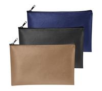 QIWEIS PU Zip Bag, 3 Pack A5 Bank Pockets, Faux Leather Wallet, Zipper, Black/Khaki/Navy Blue, 27 x 15 cm, for School, Business, Everyday Use