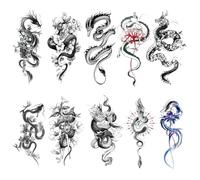 Qiwenr 10 Sheets Temporary Tattoos Dragon for Men Women, Waterproof Long Lasting Fake Tattoos Stickers for Arms, Flowers Snake Dragon, Small Dragons Temporary Tattoos Stickers, Cosplay, Halloween