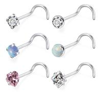 Qiwnswoy 6 Pcs 18G 20G Surgical Steel Nose Rings Studs for Women Opal Nose Rings Diamond CZ Nose Studs L Shaped Nose Nostril Piercing Jewelry Hypoallergenic, Metal Crystal, cubic-zirconia
