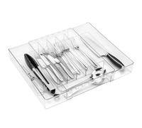 QIWODE Cutlery Drawer Organiser, Extendable Plastic Cutlery Tray for Kitchen Drawer, Clear Adjustable Utensil Drawer Organiser for Knives, Forks, Spoons, 21.5-38.5 x 33.5 x 5.2cm