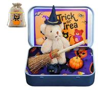 Qixfyze Cute Halloween Teddy Bear in a Box with Wizard Hat,Blanket, Broom,Pumpkin and Cat,Halloween Witch Teddy Bear in a Box for Trick or Treat Decorations,Gift for Family and Friends(1pc-khaki)
