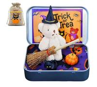 Qixfyze Cute Halloween Teddy Bear in a Box with Wizard Hat,Blanket, Broom,Pumpkin and Cat,Halloween Witch Teddy Bear in a Box for Trick or Treat Decorations,Gift for Family and Friends(1pc-white)