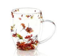 Qixfyze Double Glass Flower Tea Cup, The Most Beautiful Glass Cups with Handle, Handcrafted Elegant & Gift-Worthy, 350ML Clear Coffee Mugs with Floral Pattern for Latte Hot Beverages Glasses(A-1PC)