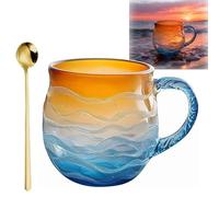 Qixfyze Golden Tide Mug, Glass Ocean Wave Coffee Mugs, 12oz Handcrafted Oceans Frosted Wave Texture Sunset Cups with Handle, Unique Waves Shape Design Beach Drinkware for Tea Wine Ice Drink(1 Cup)