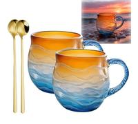 Qixfyze Golden Tide Mug, Glass Ocean Wave Coffee Mugs, 12oz Handcrafted Oceans Frosted Wave Texture Sunset Cups with Handle, Unique Waves Shape Design Beach Drinkware for Tea Wine Ice Drink(2 Cups)