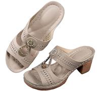 Qixfyze Orthopedic Rhinestones Heel Sandals Women,Ladies Flower Rhinestone Summer Block Heels Shoes,Open Toe Sandal with Arch Support(Khaki,39)