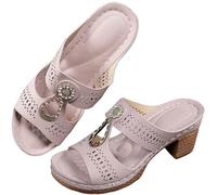 Qixfyze Orthopedic Rhinestones Heel Sandals Women,Ladies Flower Rhinestone Summer Block Heels Shoes,Open Toe Sandal with Arch Support(Pink,38)