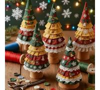 Qixfyze Patchwork Christmas Tree Decoration Kit, Handmade Holiday Craft DIY Fabric Sewing Kit with Buttons Needles & Thread, Mini Xmas Tree Festive Gift for Quilters(C-1PC)