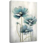 QIXIANG Blue Poppy Flower Canvas Wall Art Grey Blue Abstract Bloom Teal Floral Painting Print for Living Room Bedroom Office Decor (A,12.00" x 18.00")