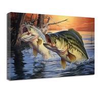QIXIANG Fish Canvas Wall Art Sunset Largemouth Bass Fish Jumping out of the Water Picture Prints for Nature Fish Lovers Gift Bedroom Decor (A,16.00" x 24.00")