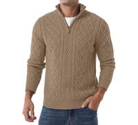 QIXING Men’s Quarter Zip Cable Knit Jumper 1/4 Zip Mock Neck Jumper Casual Long Sleeve Pullover Soft Knitted Tops with Ribbed Edge (Khaki, XL)