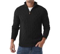 QIXING Men’s Quarter Zip Cable Knit Jumper 1/4 Zip Mock Neck Jumper Casual Long Sleeve Pullover Soft Knitted Tops with Ribbed Edge (Black, L)