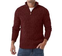 QIXING Men’s Quarter Zip Cable Knit Jumper 1/4 Zip Mock Neck Jumper Casual Long Sleeve Pullover Soft Knitted Tops with Ribbed Edge (Burgundy, S)