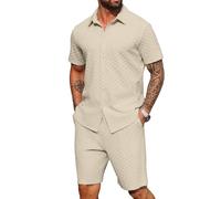 QIXING Mens 2 Piece Summer Sets Shirt and Shorts Set Casual Co Ord Outfit Knit Textured Matching Short Sets for Beach Vacation